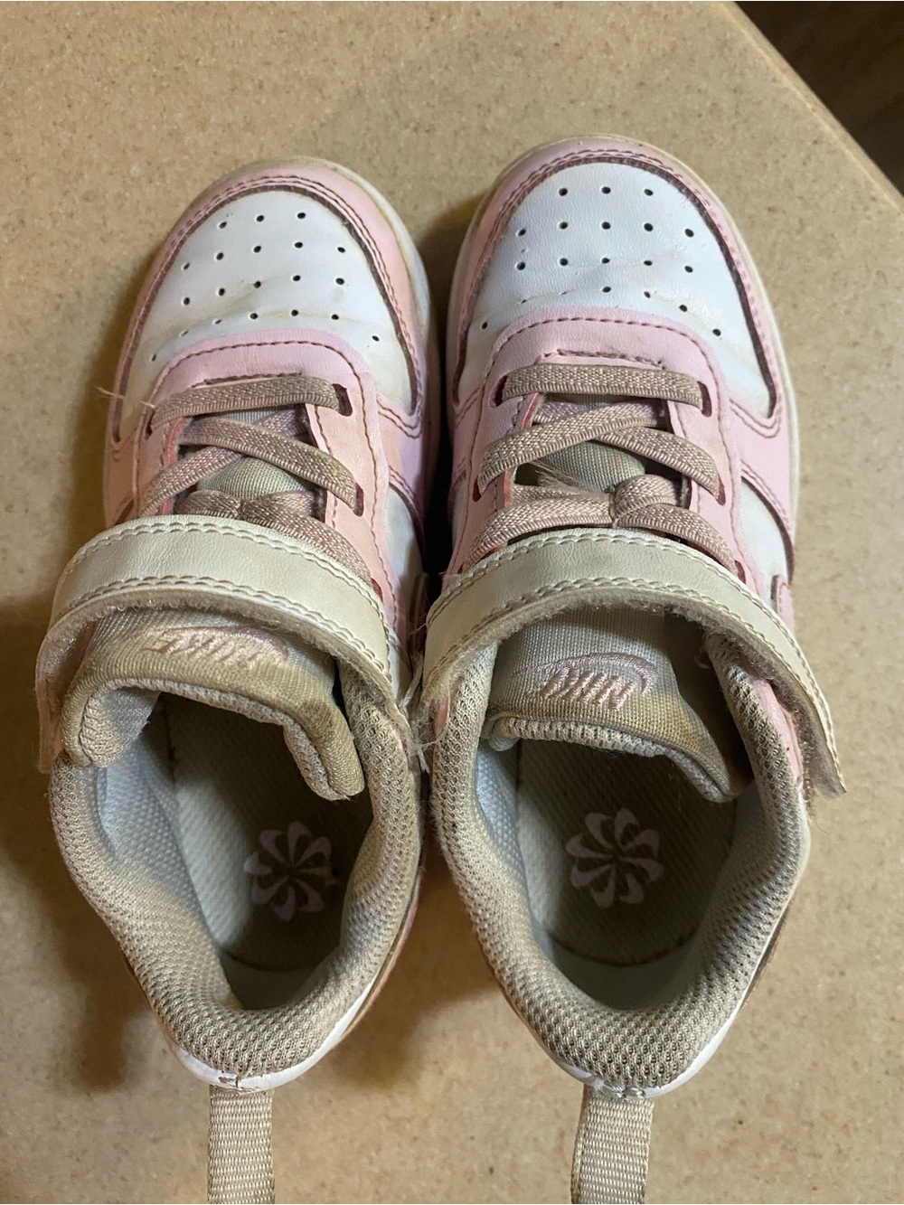 Nike Kids Pink and White High-Top Sneakers with Hook-and-Loop Strap